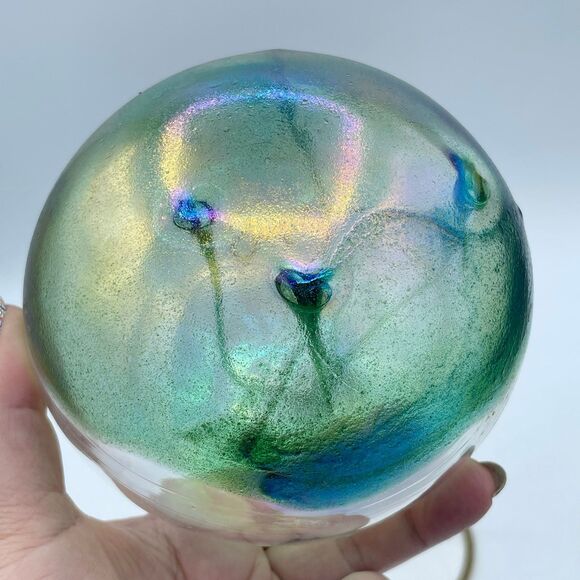 Art Glass Hand Blown Sphere Witch's Ball Iridescent Green w/ Display Stand - Picture 5 of 9